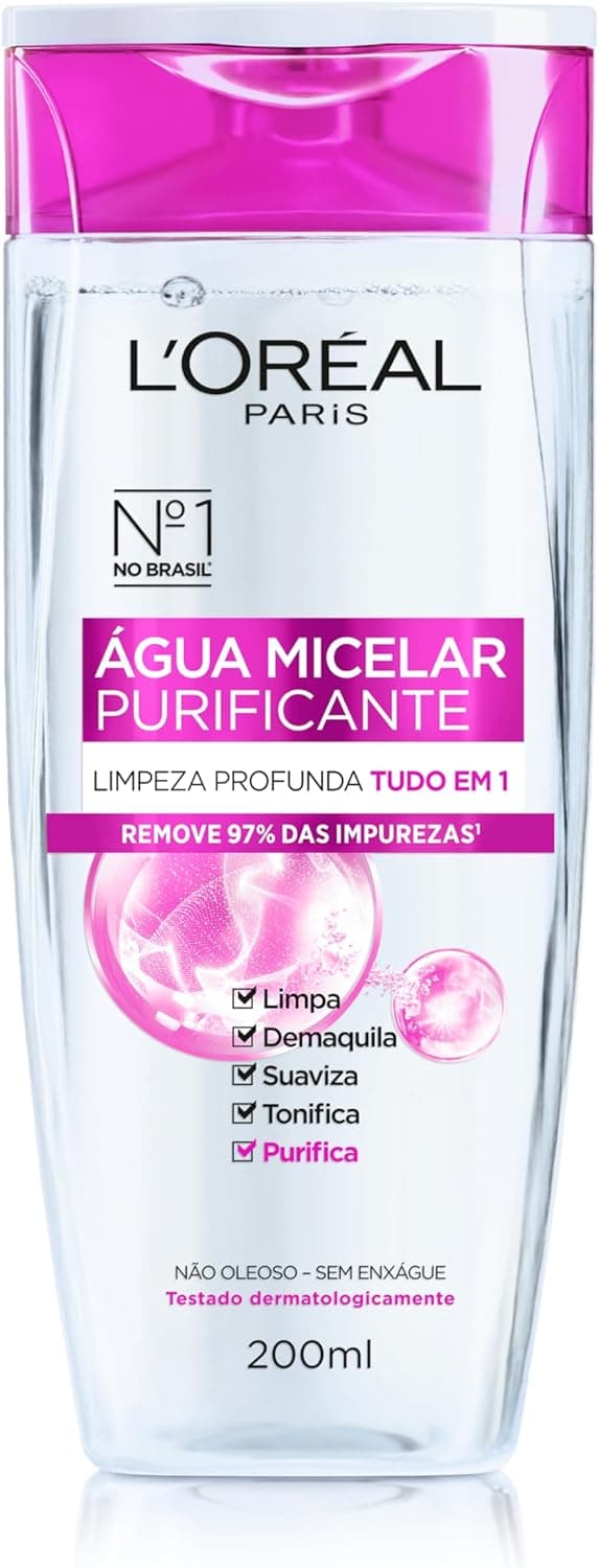 L'Oréal Paris, Água Micelar Solução de Limpeza 5 em 1 Limpa, Demaquila, Purifica, Suaviza e Reequilibra, Cuidado Diário Multifuncional para Todos os Tipos de Peles 200ml