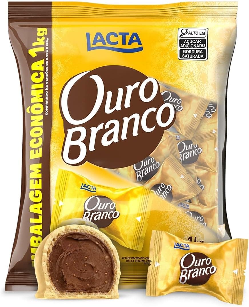 Wafer Recheado Lacta Ouro Branco Sabor Chocolate Branco, Pacote 1kg