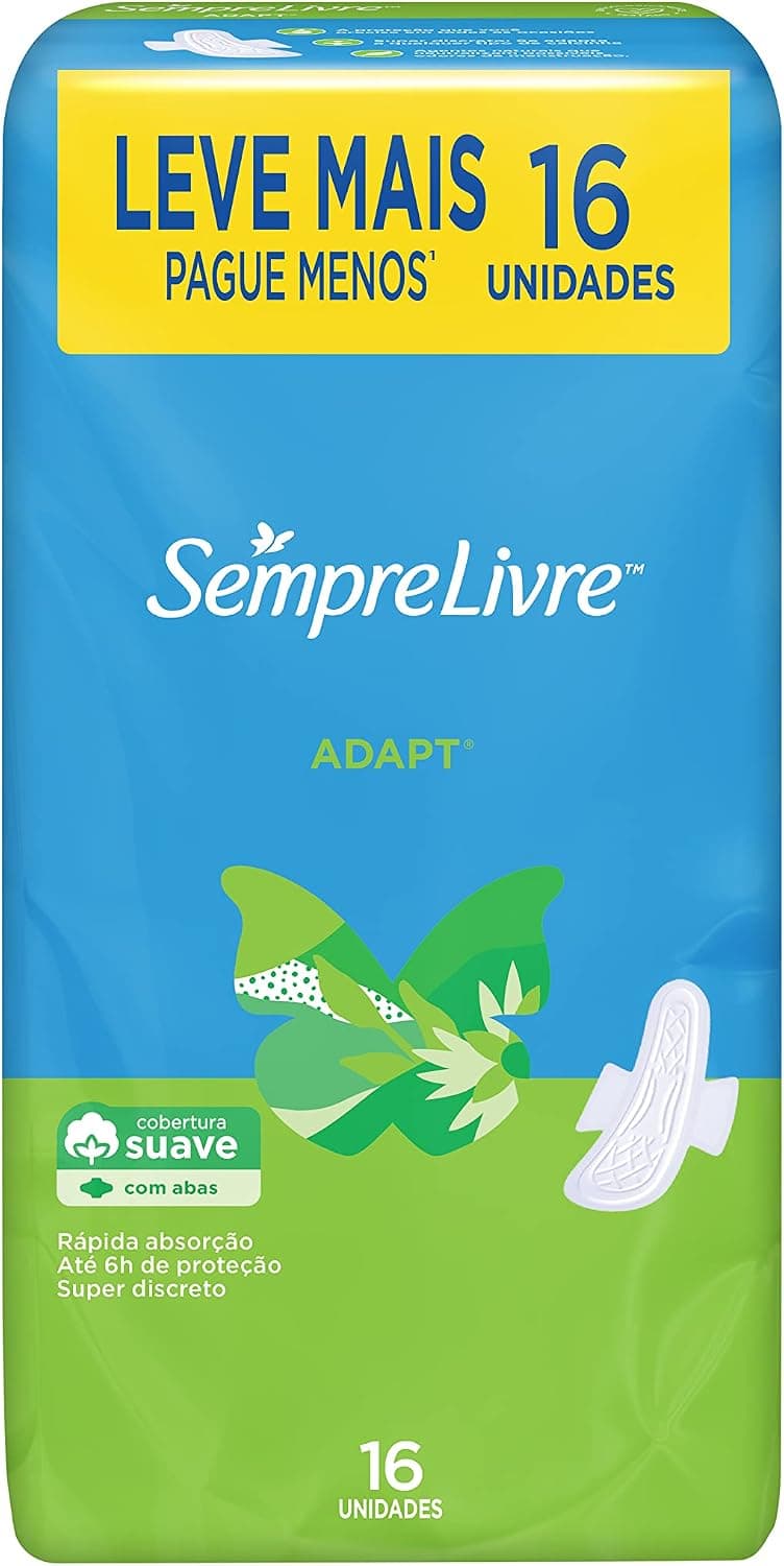 Absorvente com Abas Sempre Livre Adapt, Cobertura Suave, 16 Unidades | Hipoalergênico, Algodão, Proteção Confortável