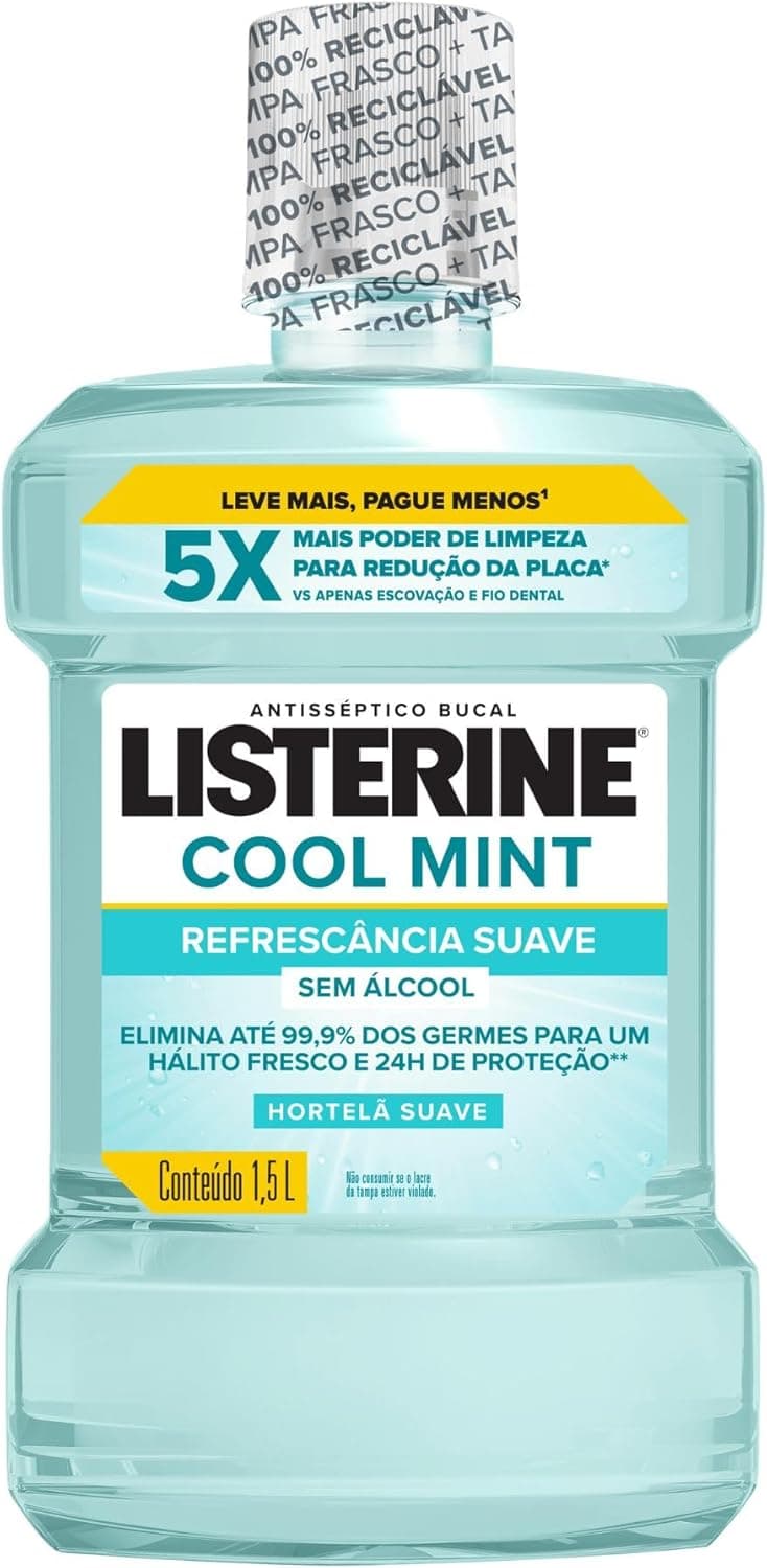 Enxaguante Bucal Listerine Cool Mint, Sem Álcool, 1,5L | Elimina até 99, 9% Dos Germes, 24H de Proteção, Hálito Fresco, Antibacteriano