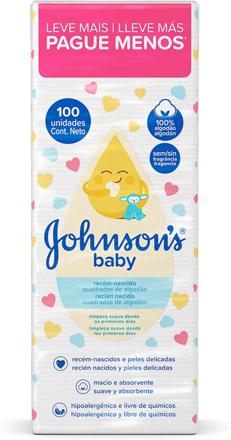 Quadrados de Algodão Johnson's Baby, Recém-Nascido, 100 Unidades | Hipoalergênicos, Macios, Absorventes, Ideal para Peles Delicadas