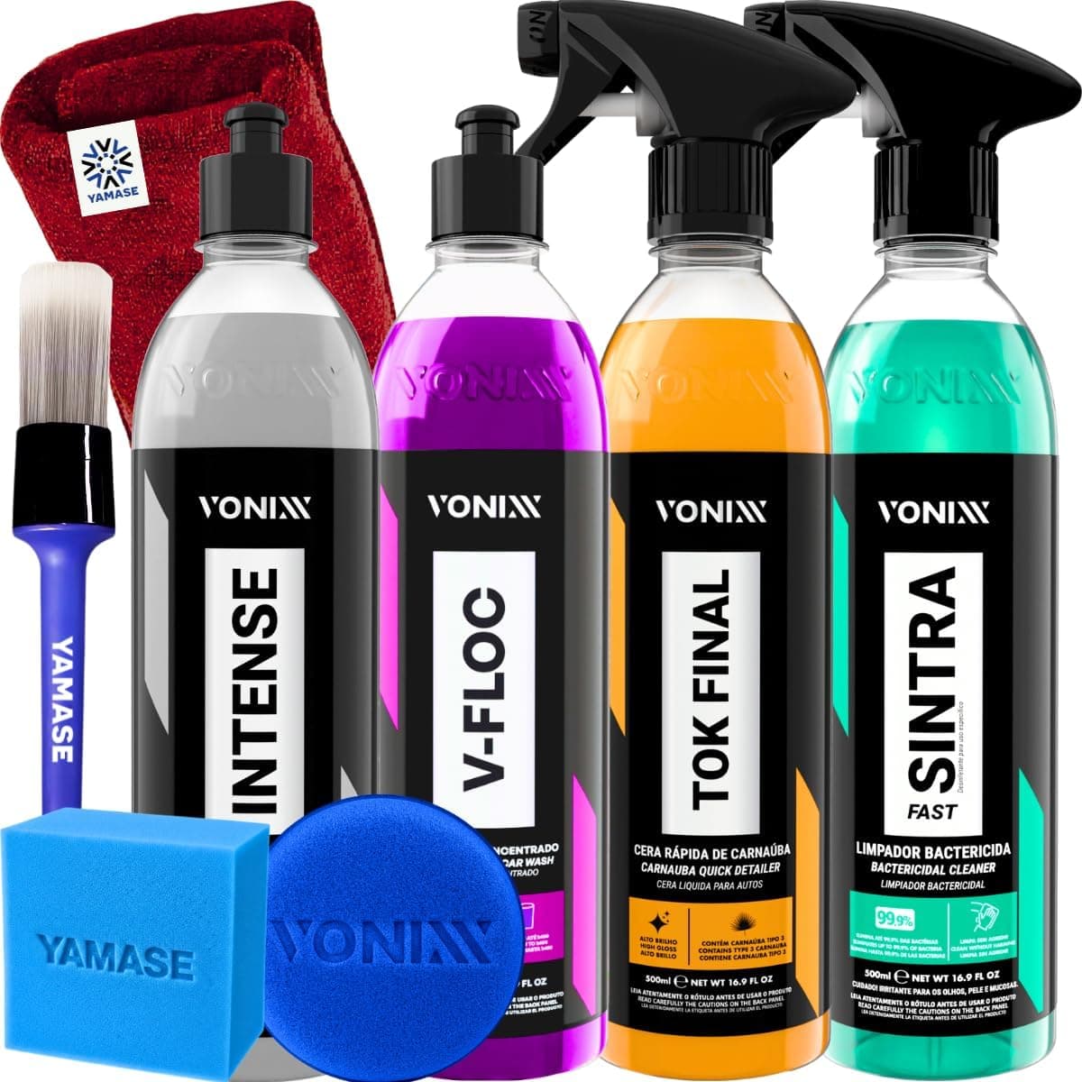 Oferta para Membros Prime: Kit Lavagem Automotiva Completa Vonixx Cera Automotiva Carnauba Tok Final V-Floc Revitalizador de Plasticos intense Sintra fast Pinceis Espuma Yamase