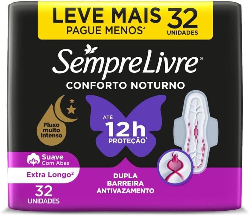 Absorvente Noturno com Abas Sempre Livre, Cobertura Suave, 32 Unidades | Cobertura Seca, Com Abas, Neutralizador de Odor