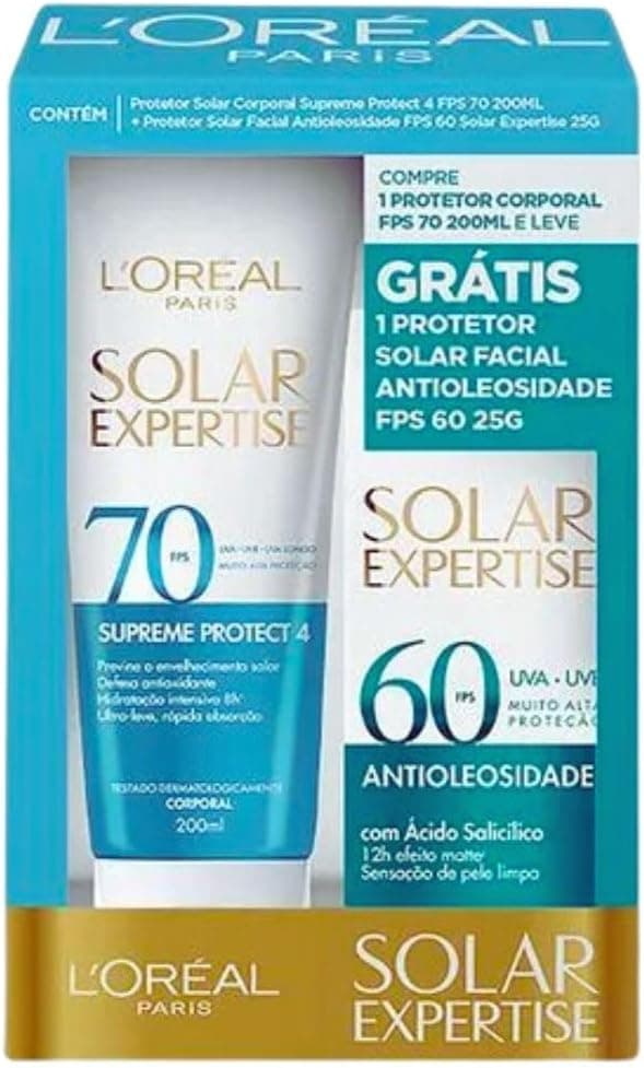 Oferta: Kit Protetor Solar L'Oréal Paris Expertise FPS 70 200ml e FPS 60 Facial 25g | Kit com protetor facial antioleosidade com efeito matte 12h + protetor corporal com hidratação 8h, previne e protege a pele