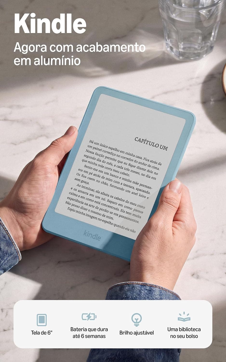 Amazon Kindle 32GB (modelo mais recente), mais fino, novo design em alumínio, tela de 6", Cor Azul celeste