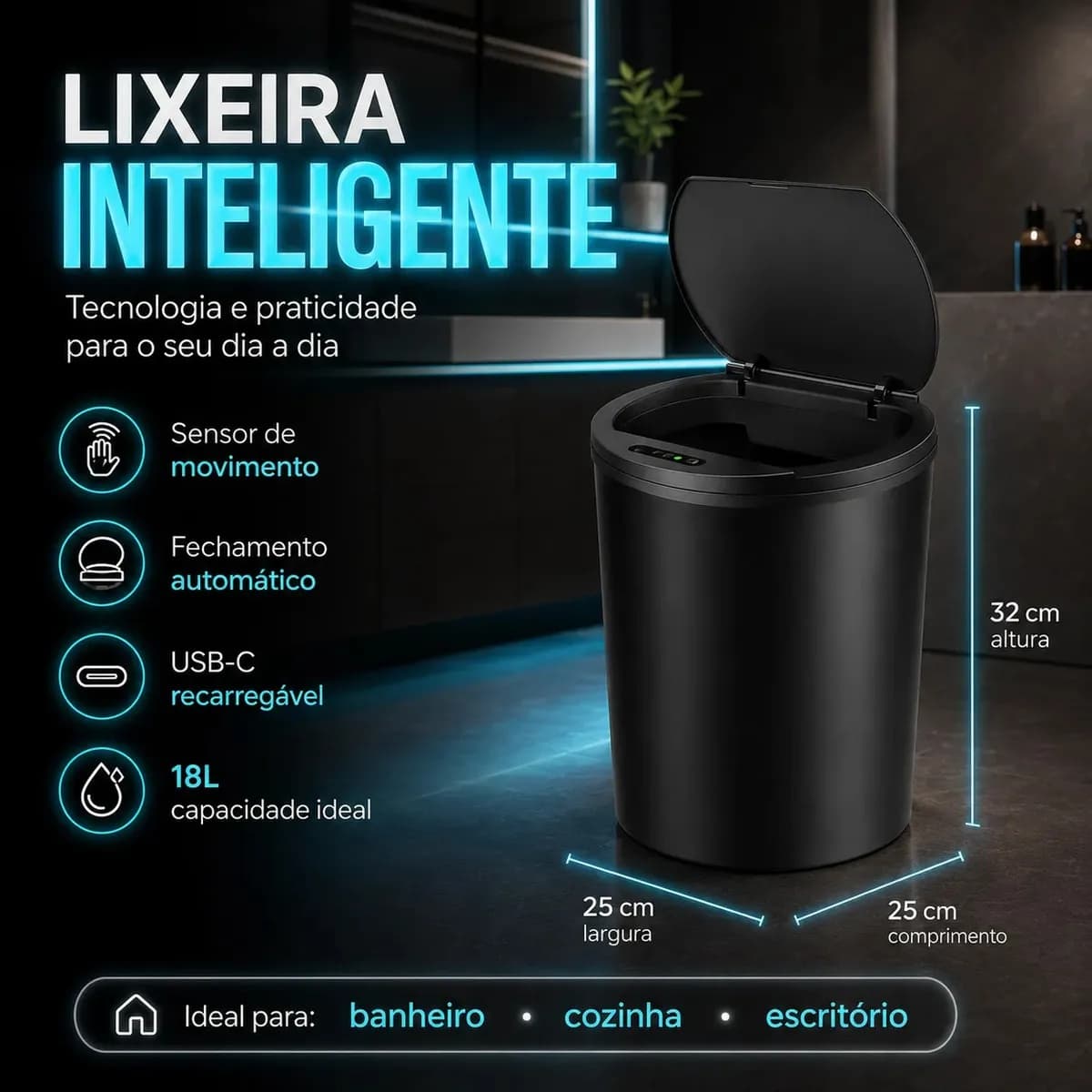 Lixeira Inteligente Automática Preta Universal Com Sensor Lumi Recarregável Anti Odor 16l