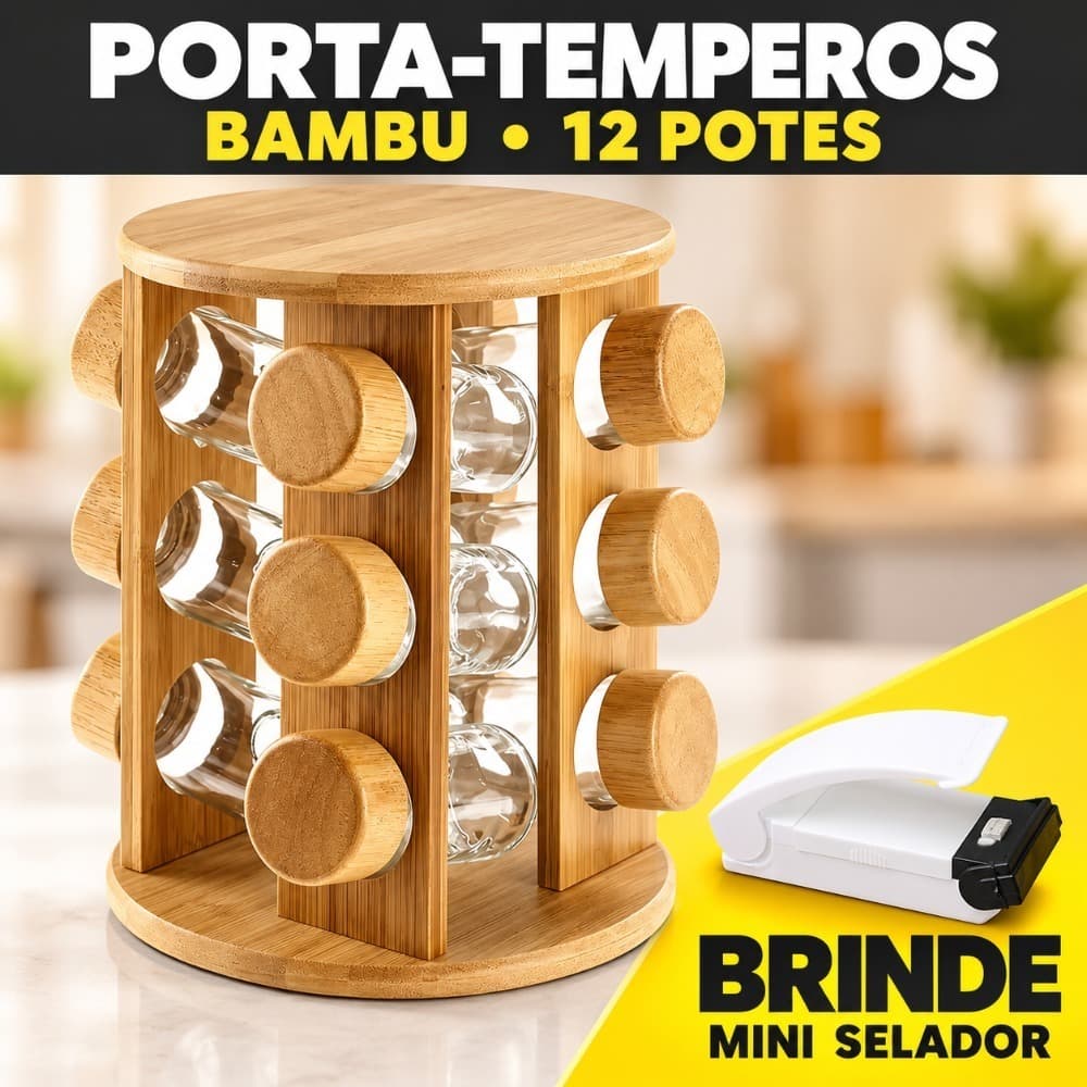 Porta Tempero em Bambu Giratório 12 Potes Condimentos Bambu luxo