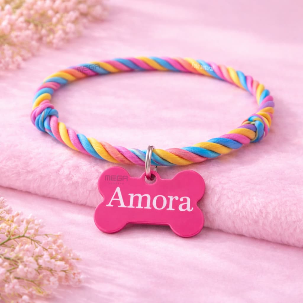 Coleira de Osso Rosa Várias Cores + Personalização do nome do pet e numero do tutor J3