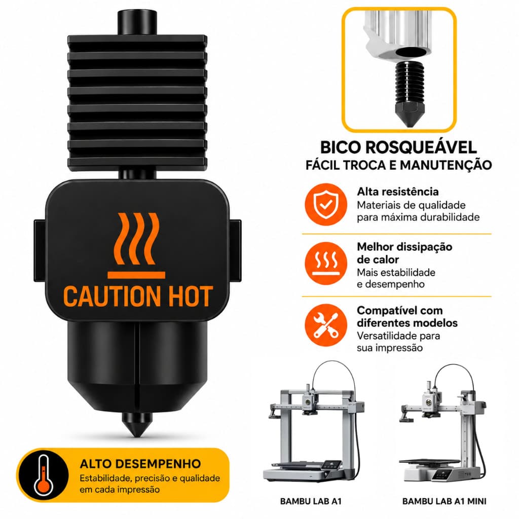 Hotend Bico para Bambu Lab A1 e A1 Mini de Aço Endurecido 0,2mm 0,4mm
